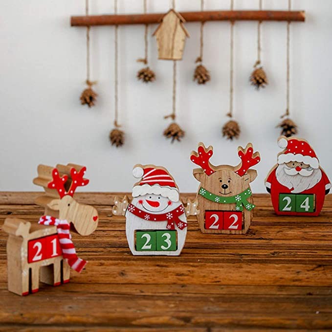 Amosfun Wooden Christmas Advent Countdown Calendar Reindeer Calendar Christmas Tabletop Ornaments Decorations